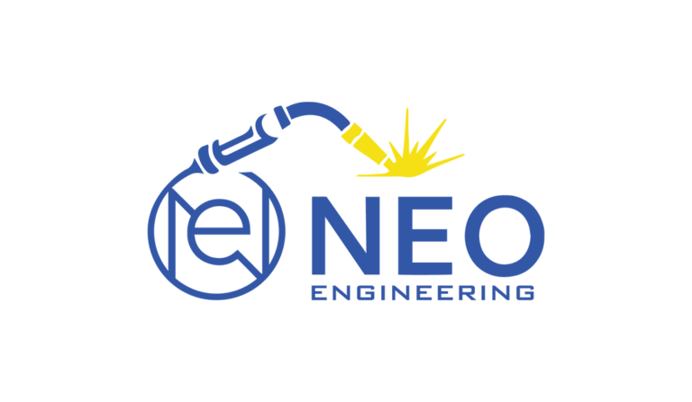 Logo of NEO Engineering featuring a welding torch, sparks, and stylized text in blue and yellow.