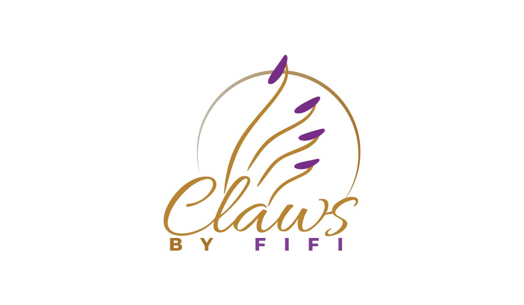 Gold and purple logo with stylized nails forming the word “Claws by Fifi”