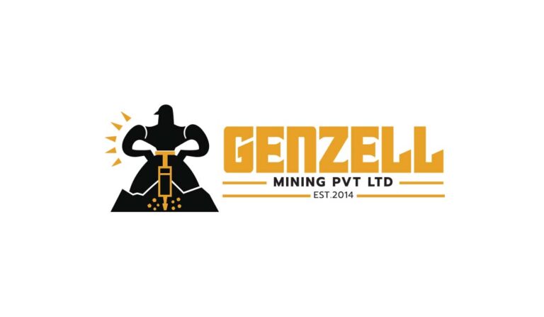 Logo of Genzell Mining Pvt Ltd with a worker using a jackhammer over a mountain in gold and grey colors.